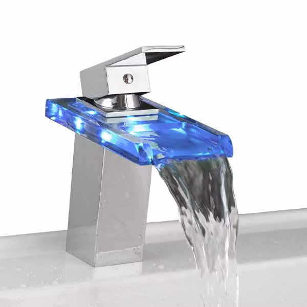 Rubinetto per lavabo da bagno in vetro con cascata LED RGB cromato | Rubinetto per lavabo | Miscelatore monocomando per lavabo | Miscelatore monocomando per bagno