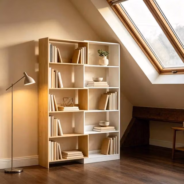 Libreria modulare girevole a 5 ripiani in truciolare naturale e bianco