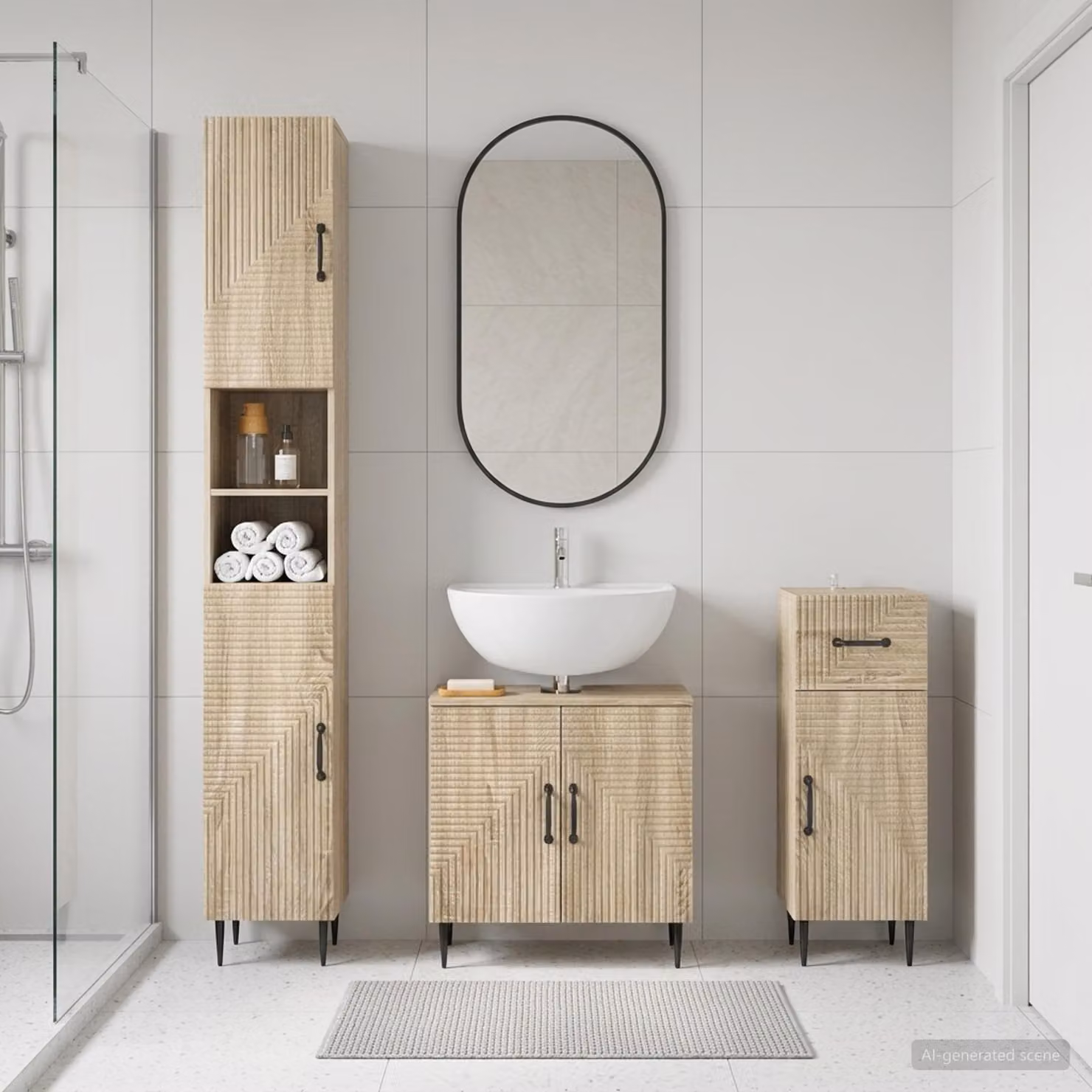 Set di 3 armadietti da bagno moderni vidaXL HAARLEM in Rovere Sonoma, colore marrone e beige