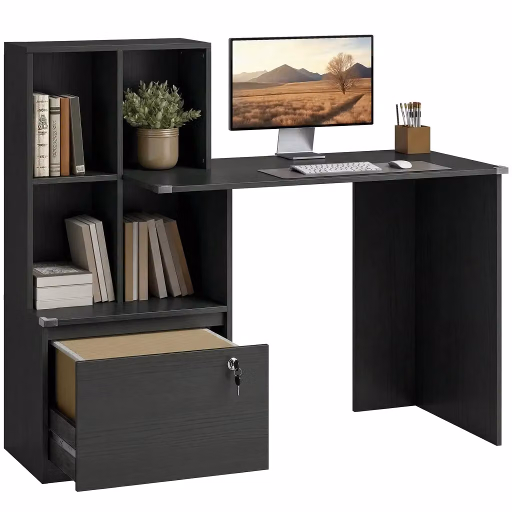 Scrivania per computer Xylo con libreria a 4 ripiani e cassetto in legno nero L: 126 cm, P: 50 cm, H: 109 cm – 2