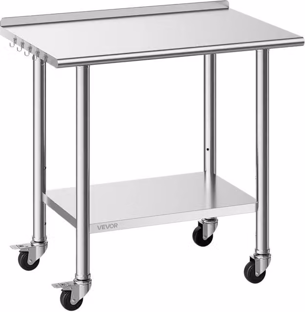 Tavolo da Lavoro in Acciaio Inox YH2-JD-36 915 x 610 x 894 mm con Ruote e Alzatina da 30 mm Banco Robusto Carico 227 kg per Cucina
