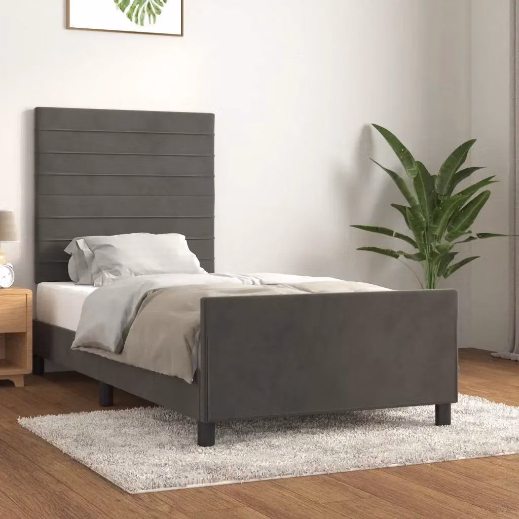 Letto singolo per adulti in velluto grigio con struttura in legno e doghe fisse L/P/H: 100 x 200 x 128 cm – 2