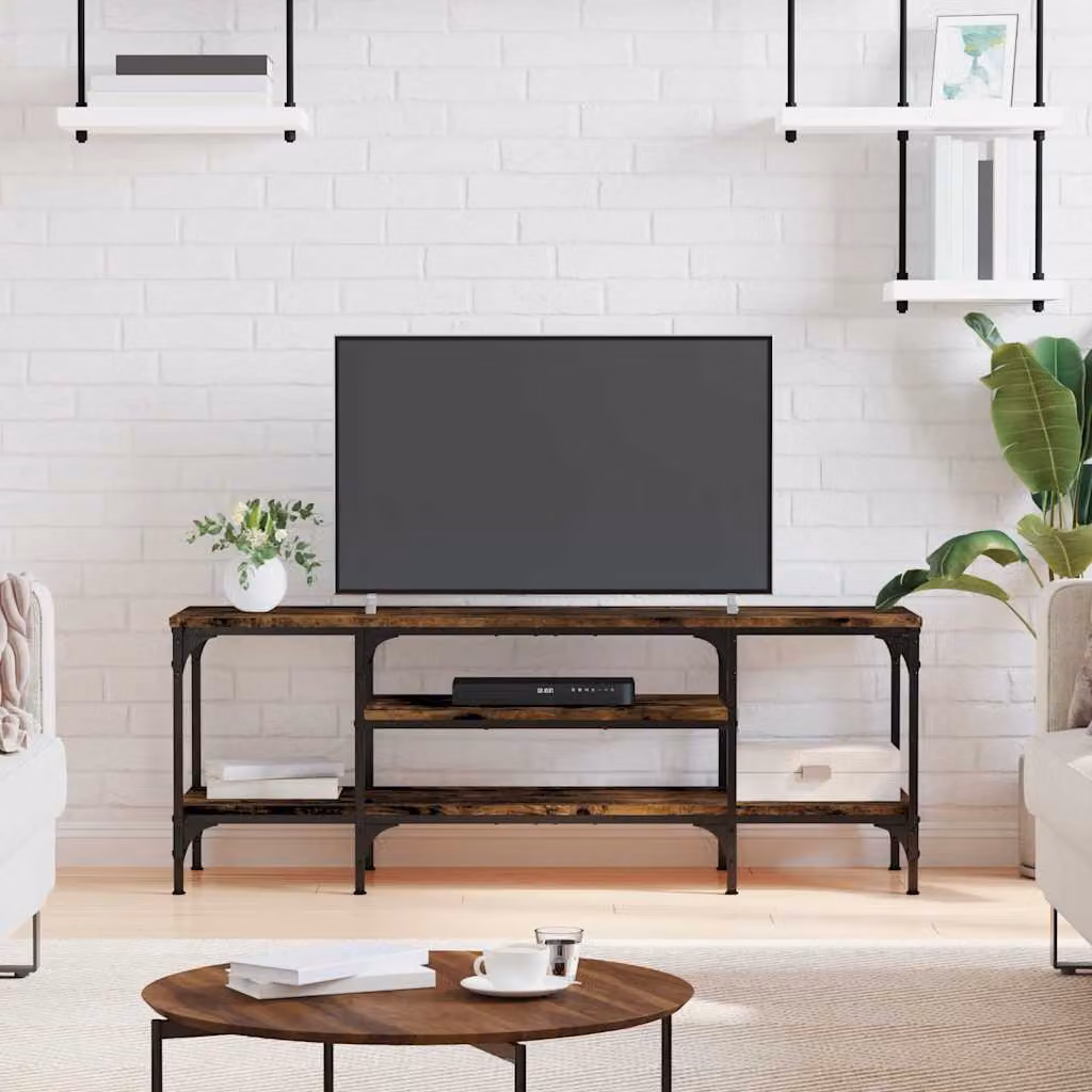 Mobile TV vidaXL in legno rovere fumo e ferro con ruote, L 121 x P 35 x H 45 cm