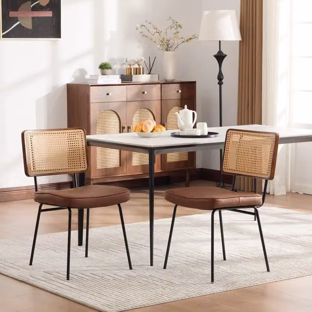 Set di 2 sedie da pranzo MINIMAL in legno massello e rattan con seduta in similpelle, stile retrò, nero e marrone