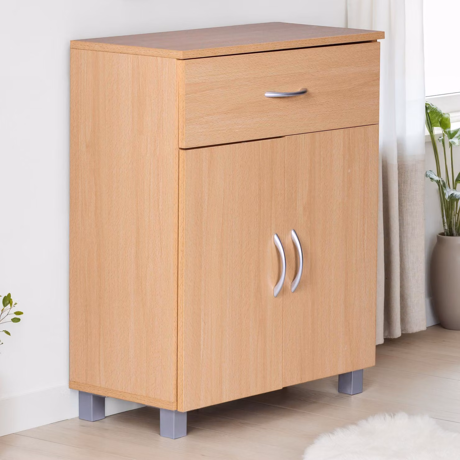 FineBuy Credenza in faggio 60x75x30 cm Comodino con cassetto e ante Piccola credenza moderna in legno Mobile multiuso con maniglie Piccolo mobile da ingresso