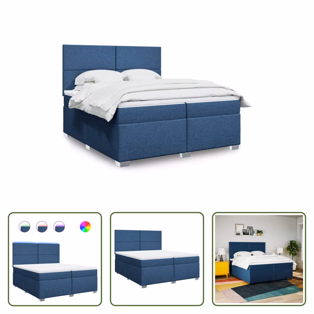The Living Store Letto a molle con materasso blu 200x200 cm in tessuto