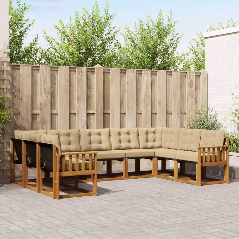 vidaXL Set di divani da esterno 9 pz in legno di acacia con cuscini beige e marrone