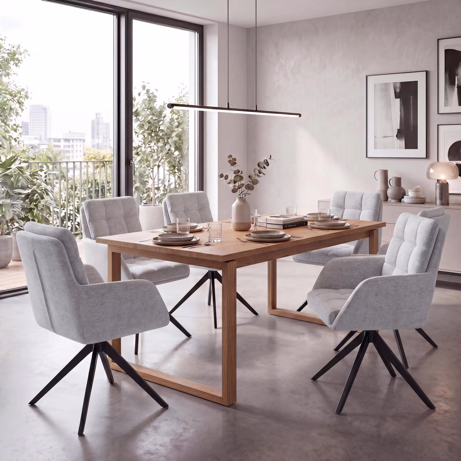 Set di 6 sedie da pranzo modello HWC-Q36, sedia girevole per cucina con sistema di ritorno automatico, rivestita in tessuto chenille (680g/m²), struttura in metallo, colore grigio chiaro