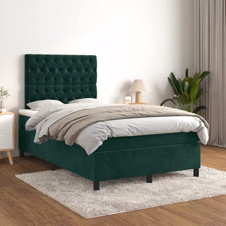 vidaXL Letto Ibrido con Giroletto a Molle e Materasso in Velluto Verde Scuro L/P/H: 200 x 120 x 118 cm