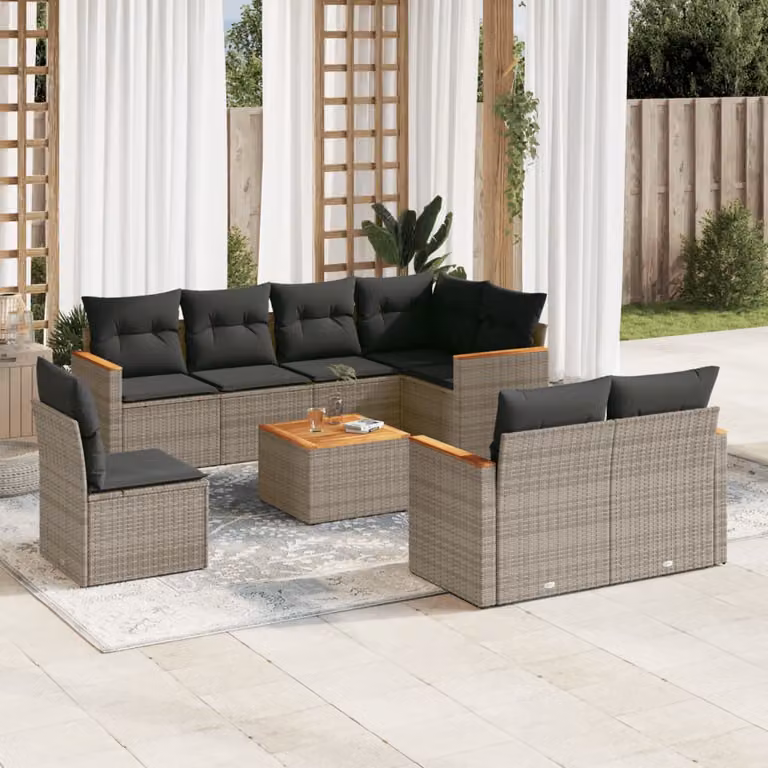 vidaXL Set Divano da Giardino 9 pz a L con Cuscini Grigio in Polyrattan e Tavolino da Caffè