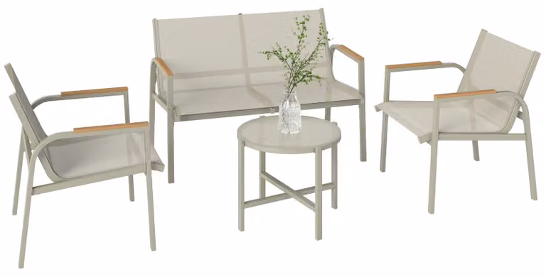 Set di mobili da giardino: divano a due posti, 2 poltrone e tavolino – struttura in metallo con rivestimento in polvere – per 4 persone – colore verde