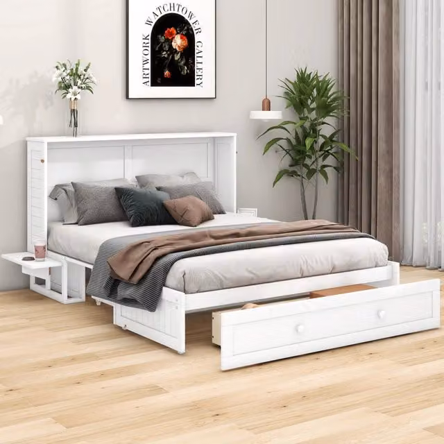 Letto a scomparsa matrimoniale 200×140 cm, cassetto, ripiani laterali e materasso non incluso, bianco