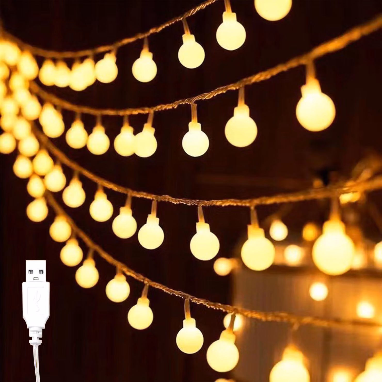 Catena luminosa a LED, 6 metri, 40 lampadine a luce calda, alimentazione USB, adatta per interni ed esterni