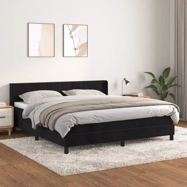 Letto Ibrido vidaXL con Giroletto a Molle e Materasso in Velluto Nero e Bianco L/P/H: 160 x 200 x 88 cm – 1