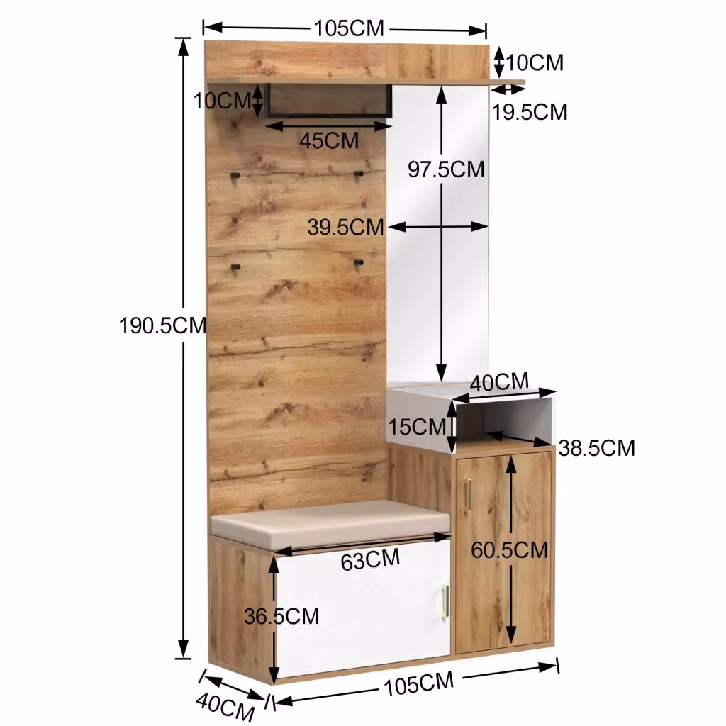 GARDEROBA da ingresso REDOM con specchio e scarpiera, Bianco, L 105 cm x P 40 cm x H 190,5 cm – 2