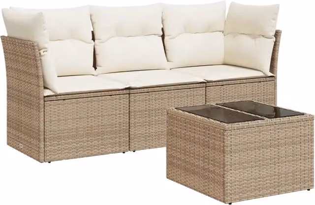 Set Divano da Giardino 4 pz | Set Salotto da Giardino con Cuscini Beige in Polyrattan
