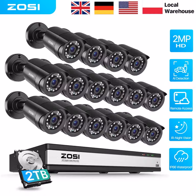 Sistema di videosorveglianza a 16 canali con DVR - Risoluzione 1080P HD - Disco rigido da 4TB - Alloggiamento in metallo - Adatto per interni ed esterni