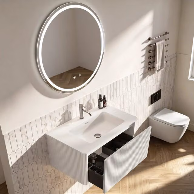 Set di mobili da bagno sospeso con lavabo e specchio LED rotondo da 80 cm