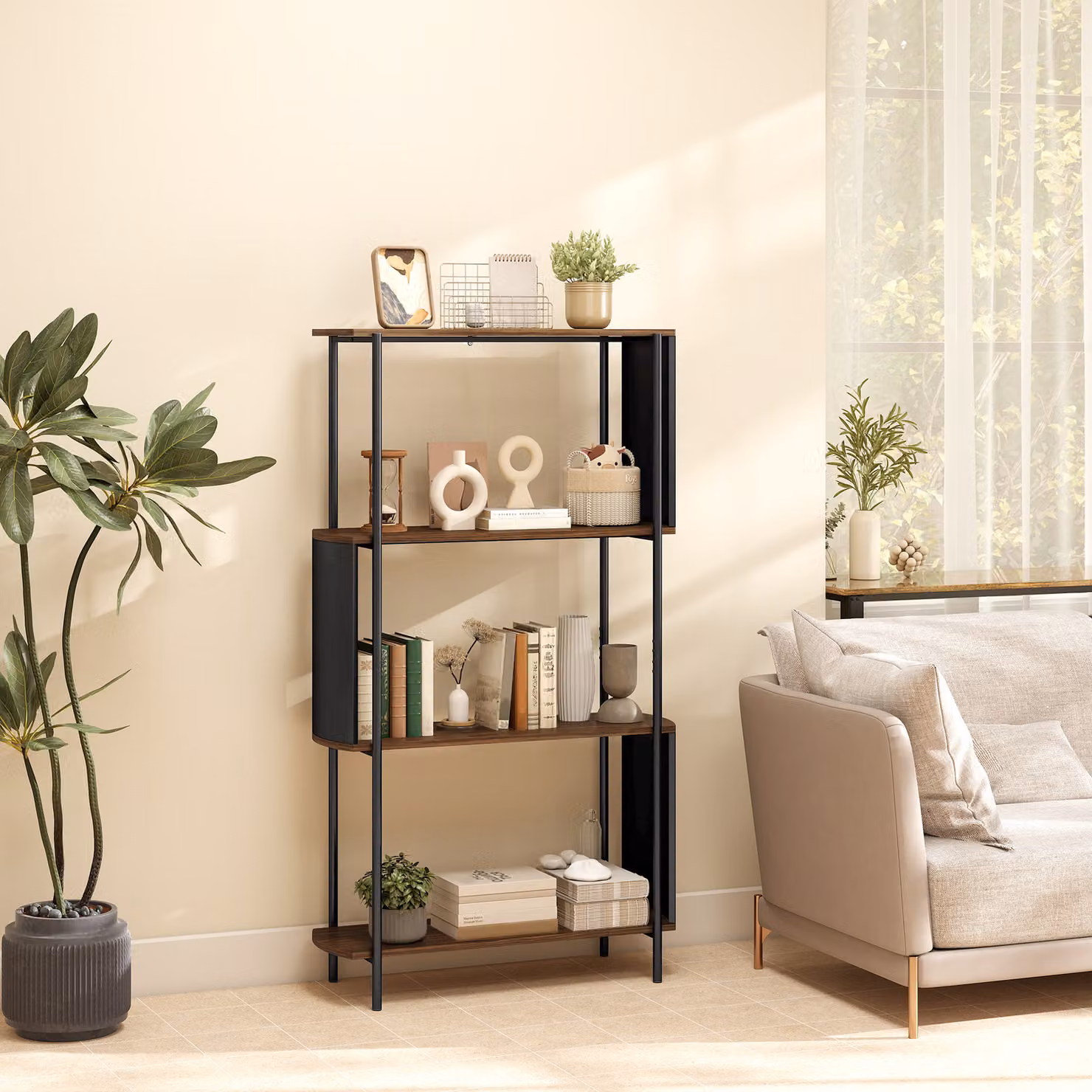 Scaffale contenitore HOMCOM con 4 ripiani e pannelli laterali curvati, telaio in acciaio, marrone, L: 80 cm, P: 30 cm, H: 141 cm – 2