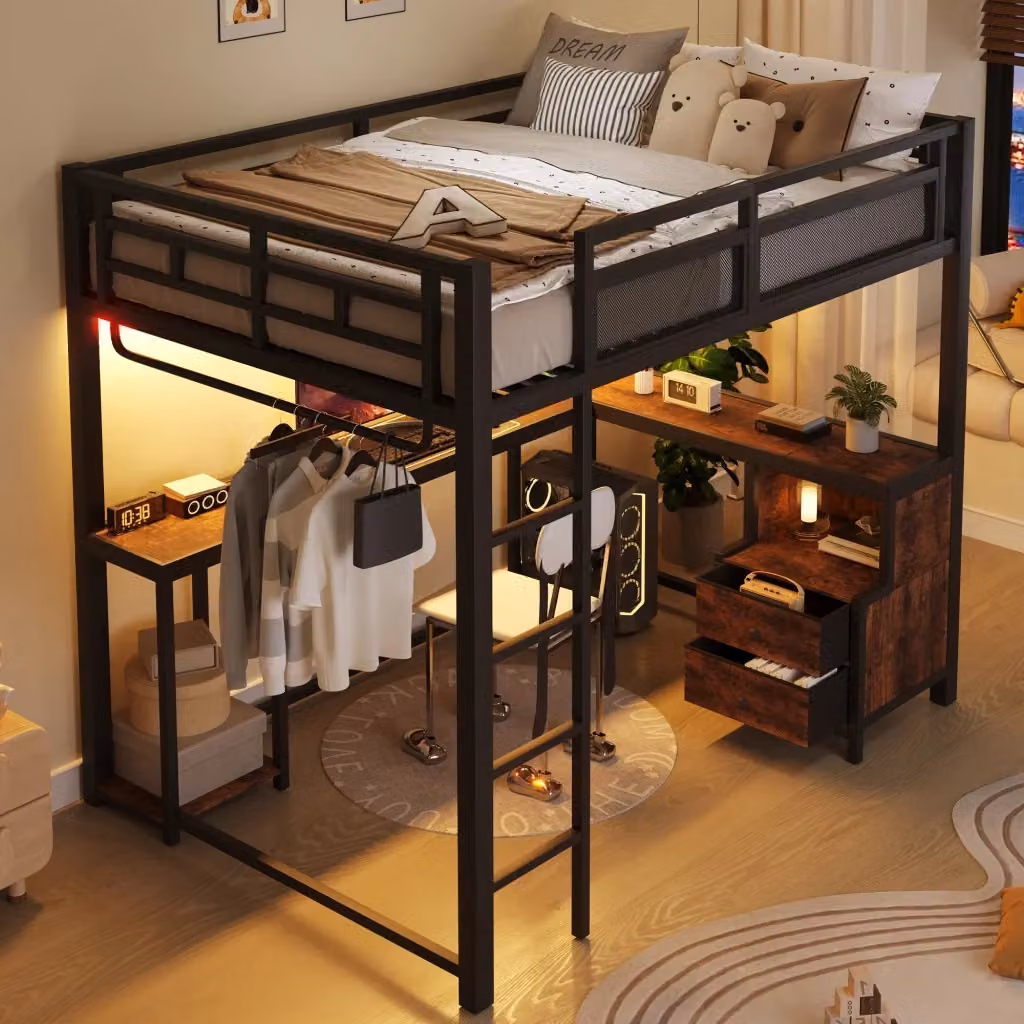 Letto a soppalco matrimoniale in metallo stile industrial con scrivania, ripiani, porte USB e illuminazione LED, nero, L/P: 140 x 200 cm – 2