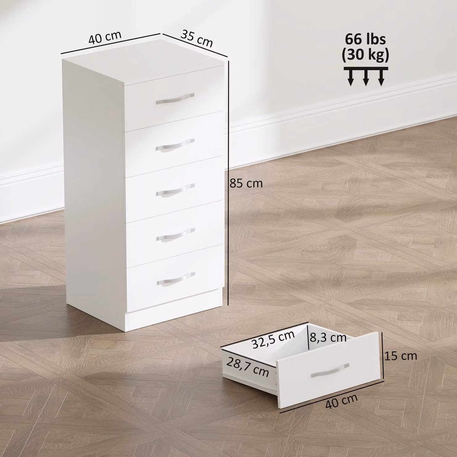 HOMCOM Comodino a 5 cassetti, mobile contenitore per soggiorno, bianco