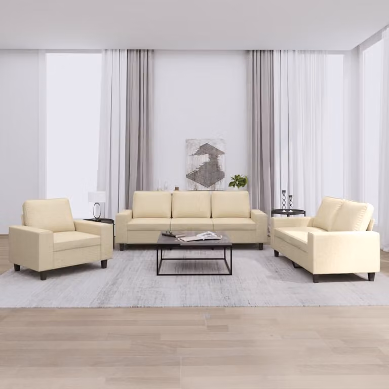 Set di divani 3 pezzi vidaXL in tessuto beige con struttura in metallo e MDF per soggiorno