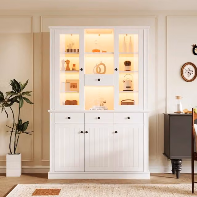 Vetrina bianca con illuminazione LED 119;5 x 40 x 180 cm; 4 cassetti e 5 ante; MDF e vetro temperato
