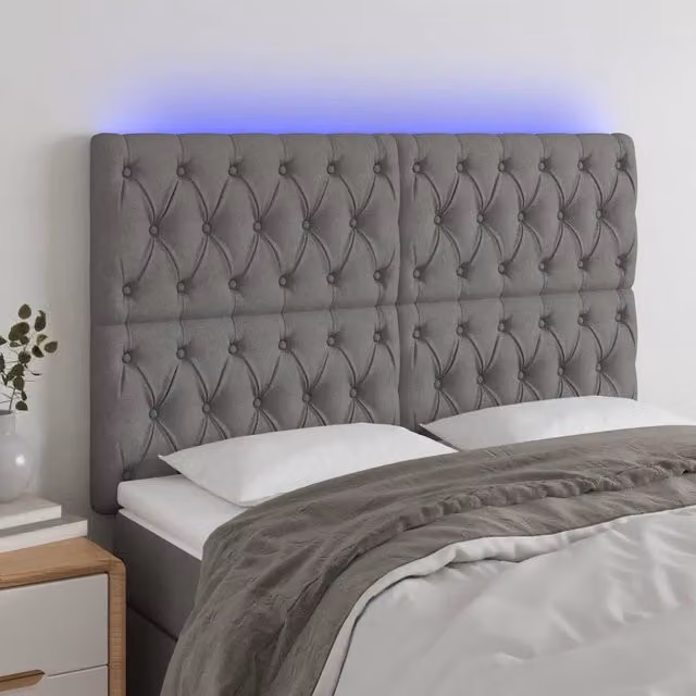 Testiera con LED e porta USB Design Mania in tessuto grigio, L: 160 cm, H: 118-128 cm, P: 7 cm