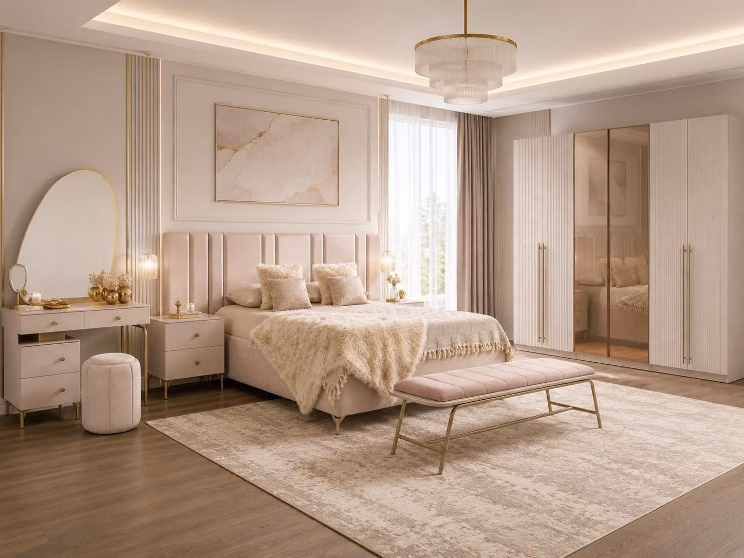 Set per camera da letto: letto, armadio, panca da letto, angolo trucco. Design moderno, colore beige