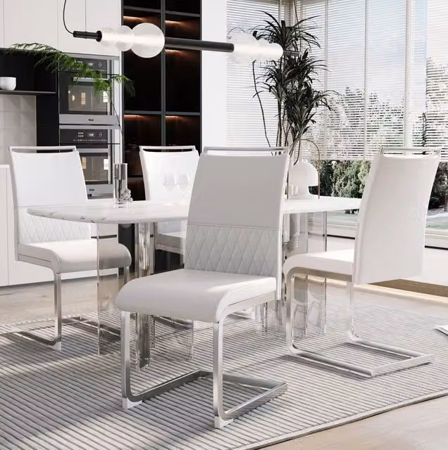 Set di 4 sedie da pranzo 42x48x95 cm in metallo bianco, PU e lino