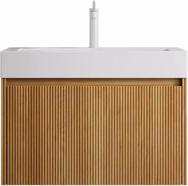 Mobile bagno sospeso Chicfurn con lavabo integrato, 1 cassetto e illuminazione LED, bianco e rovere, L: 70 cm, P: 46 cm, H: 50 cm
