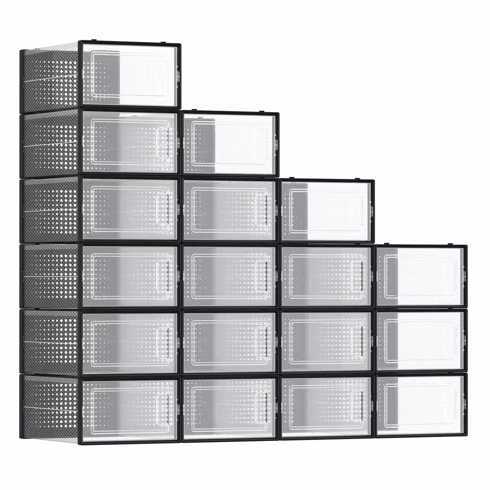 Pacco da 18 Scatole per Scarpe Contenitori per Scarpe, Trasparente + Nero / 30 x 22,5 x 13,5 cm