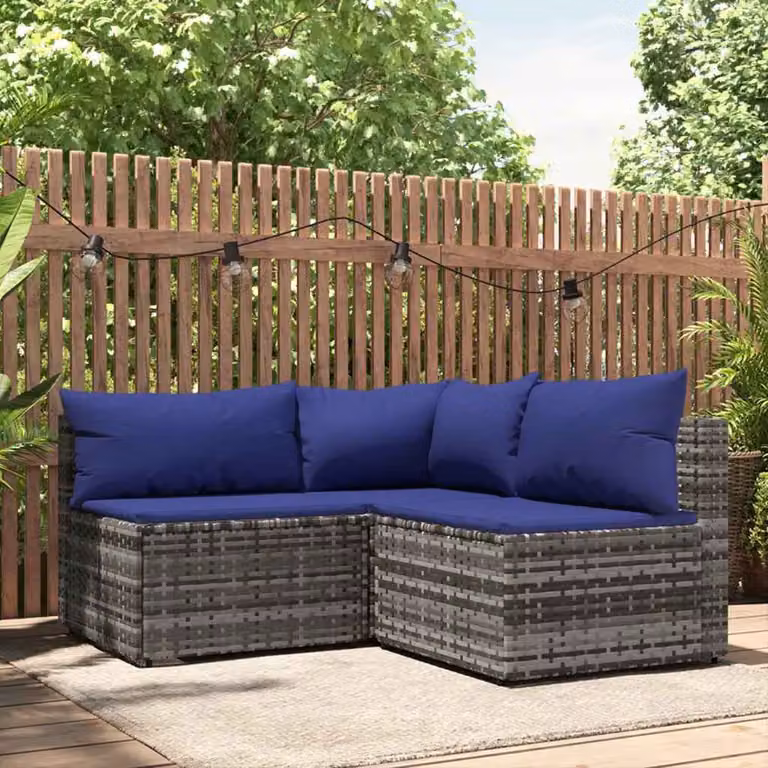 Set di divani da giardino vidaXL a forma di L composto da 3 pezzi con cuscini imbottiti in tessuto blu e struttura in metallo grigio