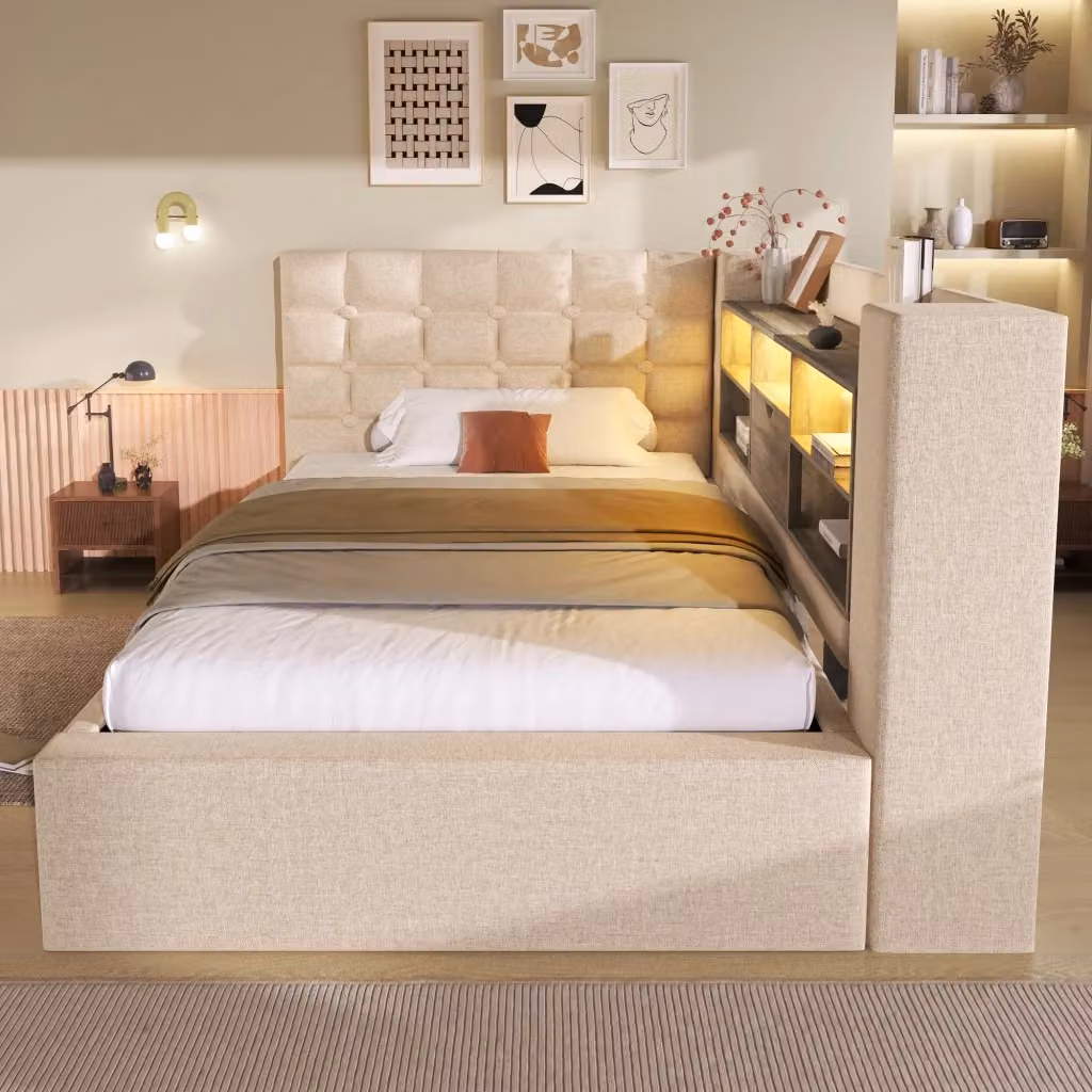 Letto Contenitore REDOM Beige con Materasso Incluso, Illuminazione LED Sotto il Letto e Porte USB, L/P: 90 x 200 cm – 2