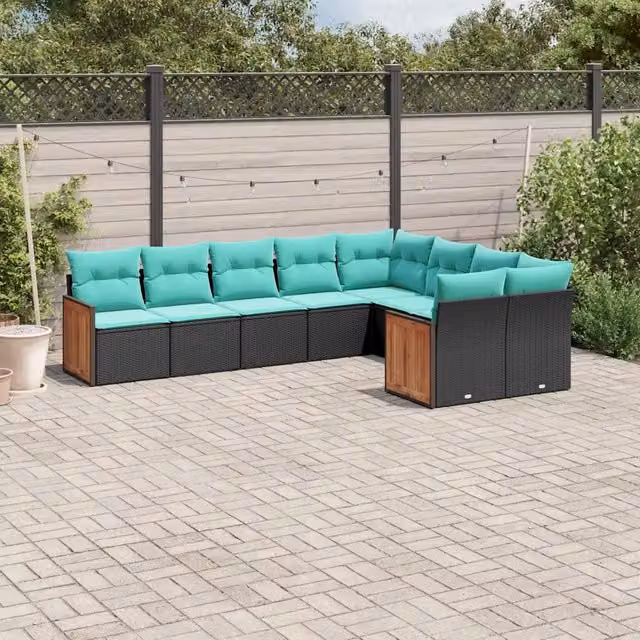 Set Divani da Giardino 9 pz con Cuscini Nero in Polyrattan 3227982