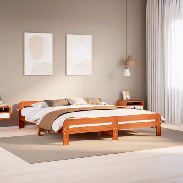 Letto in legno di pino stile rustico vidaXL, colore marrone cera, L/P/H: 200 x 200 x 53 cm – 1