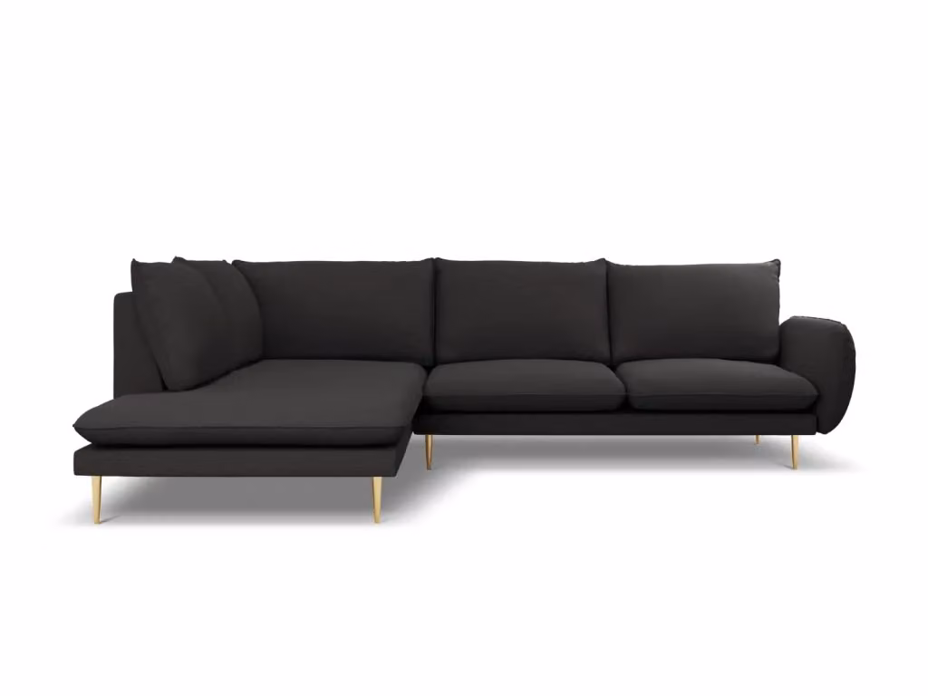 Divano angolare sinistro Vienna Cosmopolitan Design in bouclé nero con dettagli oro, 6 posti, L 275 x P 95 x H 73 cm – 2