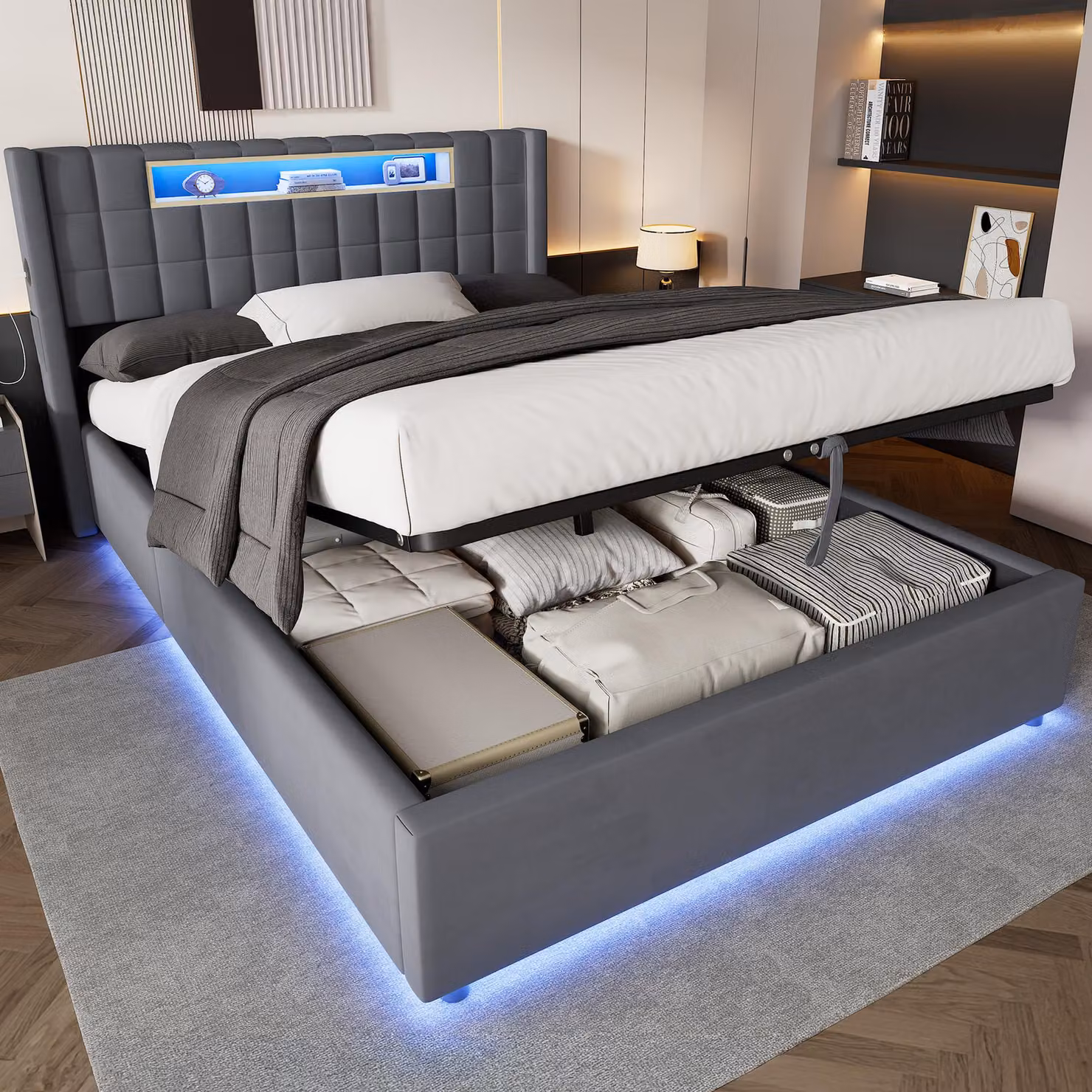 Letto imbottito MODFU 140x200, in velluto, letto per ragazzi con ampio spazio contenitivo, cassone contenitore idraulico, illuminazione LED e ripiano imbottito nella testiera, letto matrimoniale moderno, senza materasso, colore grigio