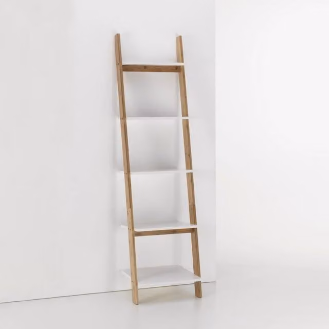 Scaffale da soggiorno TFT Memphis con 5 ripiani in bambù e MDF, Bianco e Marrone, L 43 cm x P 37 cm x H 164 cm