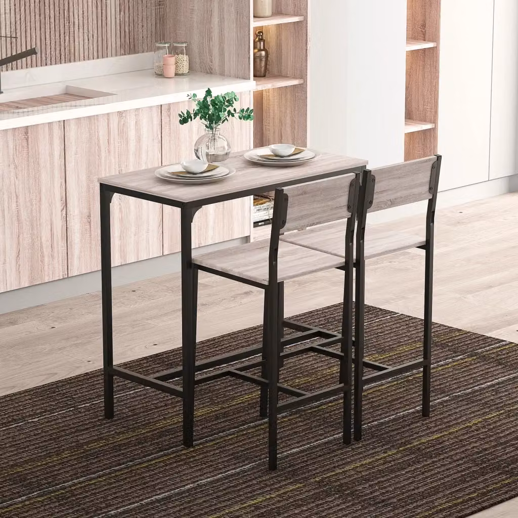 Set tavolo bar XYLO con 2 sgabelli in stile industriale con metallo nero e legno naturale color rovere – 2