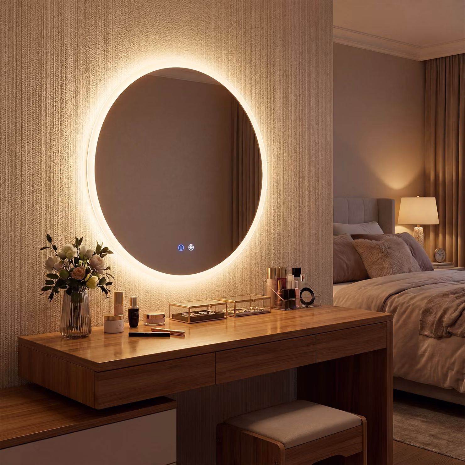 Specchio da bagno rotondo Costway con LED dimmerabile e funzione anti-appannamento in vetro temperato, colore argento, Diametro: 70 cm