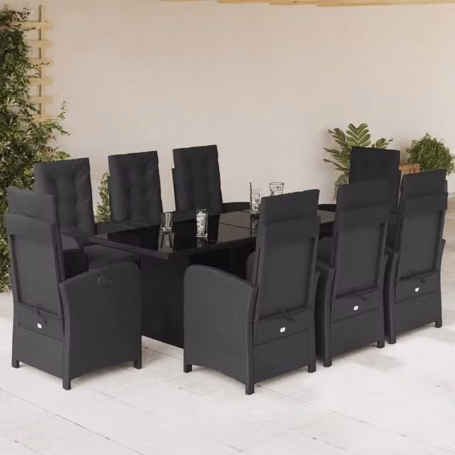 Set da Pranzo da Giardino vidaXL in Polyrattan Nero con 9 Pezzi e Cuscini