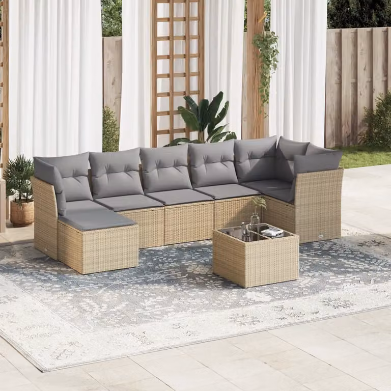 Set Divano da Giardino vidaXL 8 pz con Cuscini Beige e Tavolino in Polyrattan e Metallo
