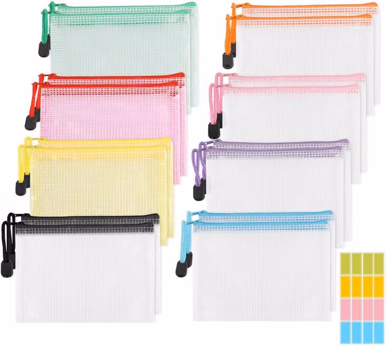 Custodie colorate per documenti formato A6 – Realizzate in PVC impermeabile – Set da 16 custodie con cerniera per documenti e articoli da toilette