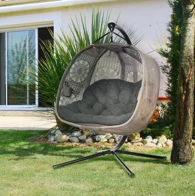 Poltrona sospesa doppia ULEVR 132x126x172 cm pieghevole con cuscino e copertura parasole, sabbia