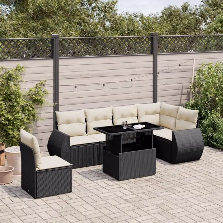 Set Divano da Giardino a L vidaXL con 7 Pezzi, Polyrattan Nero e Cuscini con Rivestimento Rimovibile UV-Resistente
