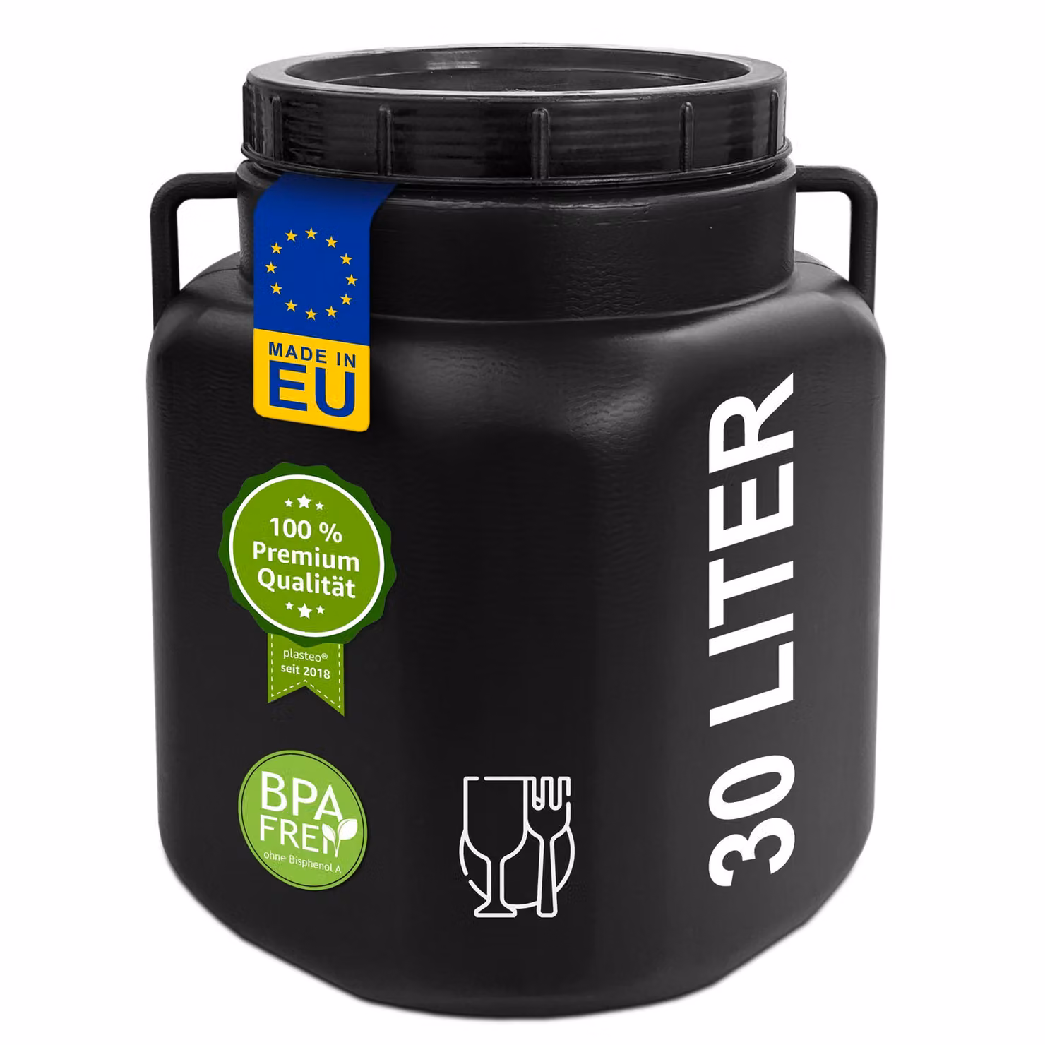plasteo® fusto a collo largo da 30 litri con coperchio e maniglie quadrato nero, sicuro per gli alimenti, senza BPA, fusto di alimentazione fusto in plastica fusto universale fusto con coperchio