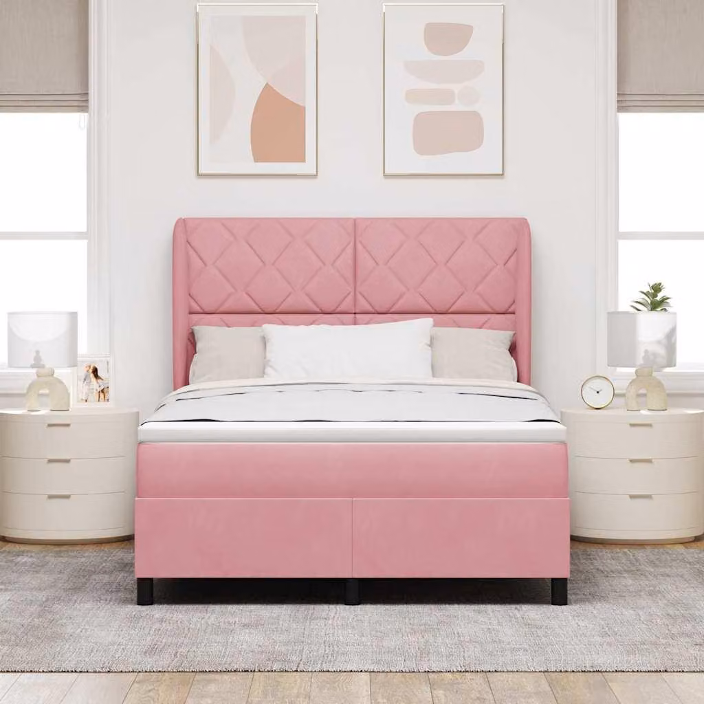 Letto a molle con materasso con testata rosa 140 x 190 cm in velluto