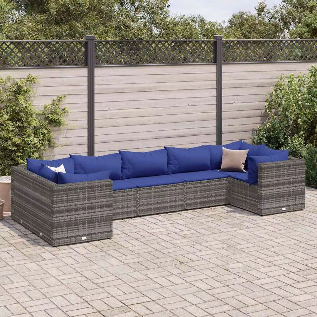Set di divani da giardino vidaXL 7 pz a forma di L in rattan con cuscini blu e struttura in acciaio grigio – 1