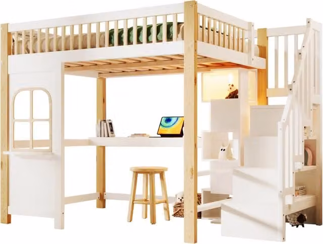 Letto a castello REDOM per bambini in stile scandinavo con scrivania, scala contenitore e illuminazione LED, Bianco e Beige, L/P/H: 200 x 140 x 180 cm